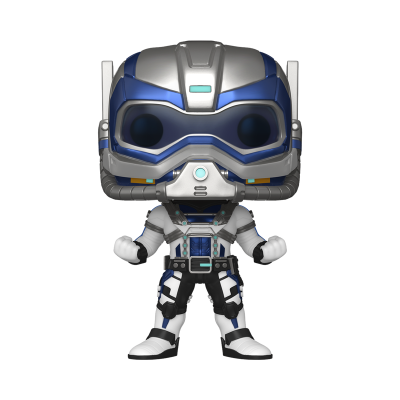 Figura Funko Pop de personagem com fato futurista azul, branco e cinzento e capacete integral