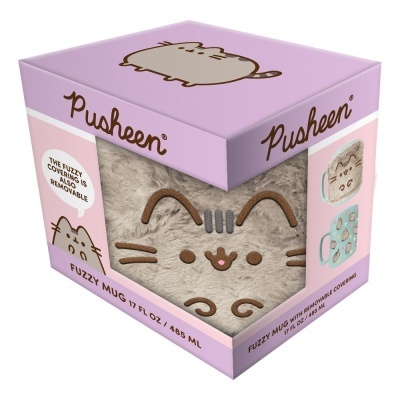 Caixa lilás com caneca Pusheen cinza felpuda