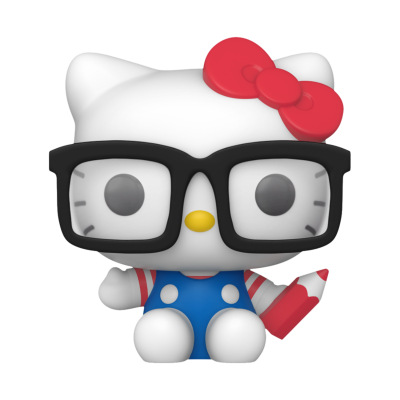 Figura colecionável da Hello Kitty com óculos, laço vermelho e roupa colorida