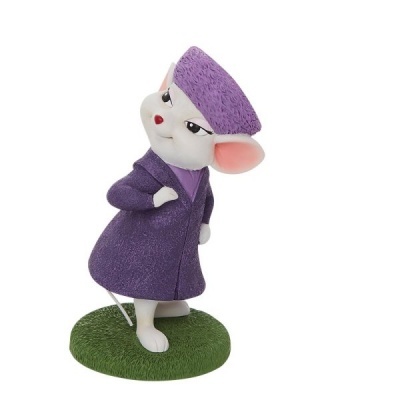 Figura de rato branco com casaco e chapéu roxos em base verde
