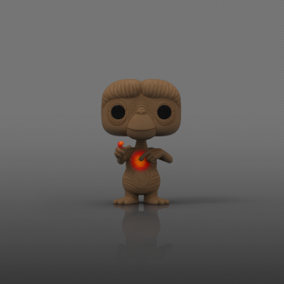 Figura Funko Pop de E.T. com textura de madeira e detalhes laranja brilhantes