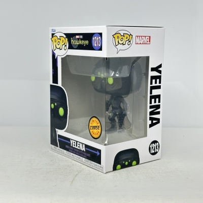 Funko Pop! da personagem Yelena da Marvel em embalagem branca com janela.