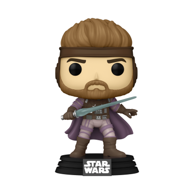 Figura Funko Pop Star Wars com roupa roxa e castanha segurando lâmina azul
