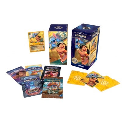 Conjunto de cartas colecionáveis Disney Lorcana com várias embalagens e caixa
