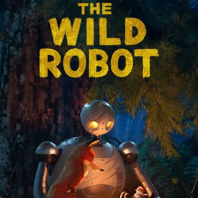 Capa de livro com robô prateado, raposa laranja e título THE WILD ROBOT em amarelo
