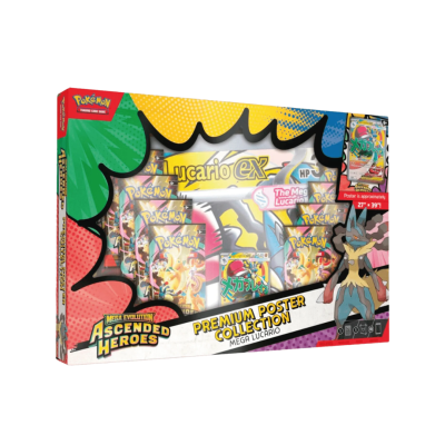 Conjunto de coleção de poster Pokémon Mega Lucario Ascended Heroes com ilustrações coloridas e embalagem brilhante