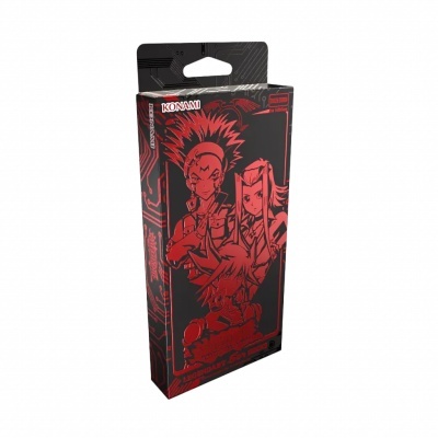 Caixa preta com ilustrações vermelhas de anime e texto Yu-Gi-Oh!