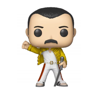 Figurinha Funko Pop de cantor com casaco amarelo e calças brancas