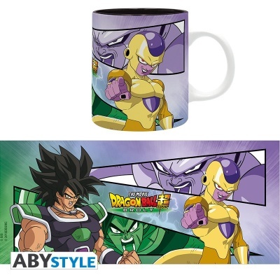 Caneca branca com personagens do Dragon Ball Super: Broly e logótipos do filme