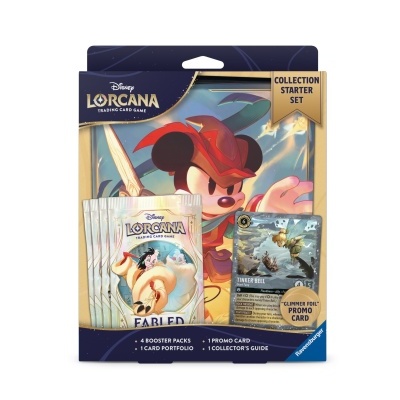 Embalagem do jogo de cartas Disney Lorcana com Mickey e cartões promocionais