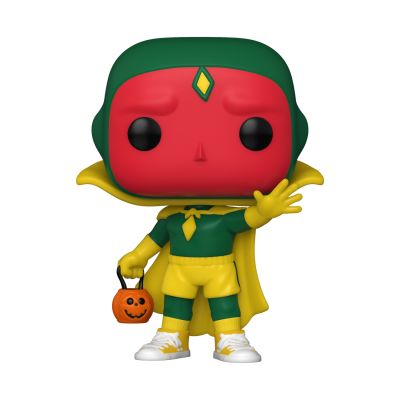 Figura Funko Pop de personagem com máscara vermelha, roupa verde e amarela, capa amarelo e abóbora laranja de Halloween