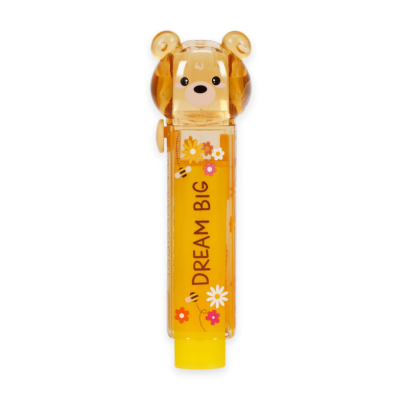 Bálsamo labial amarelo com embalagem plástica em forma de cabeça de urso