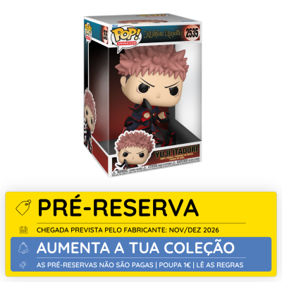Funko Pop Yuji Itadori Jujutsu Kaisen na caixa com aviso de pré-reserva em amarelo