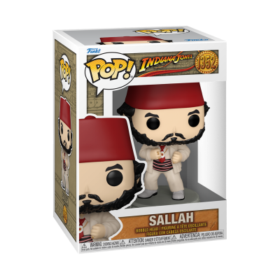 Figura Pop! de Sallah da coleção Indiana Jones com roupa branca e chapéu vermelho numa caixa