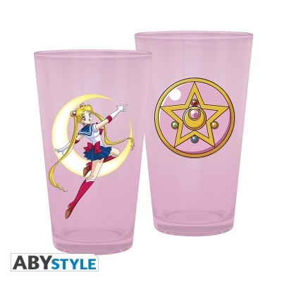 Dois copos de vidro rosa com estampas de personagem de anime e símbolo de estrela.