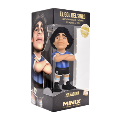 Figura colecionável de Maradona em embalagem preta com texto dourado
