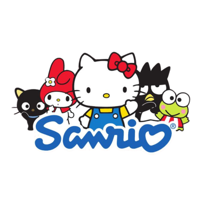 Personagens da Sanrio coloridos com texto azul Sanrio