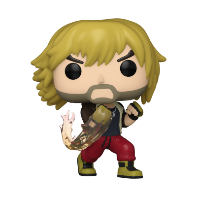 Figura colecionável tipo Funko Pop com cabelo loiro, calças vermelhas e efeito translúcido na mão
