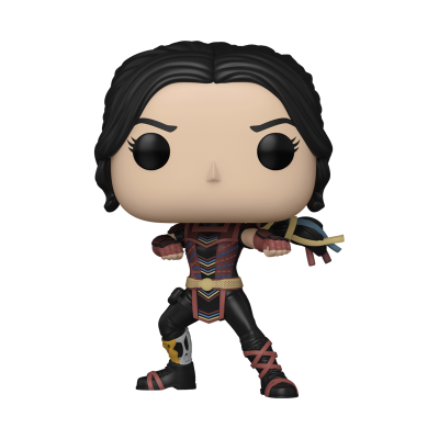 Figura Funko Pop vestida com traje colorido em pose de combate