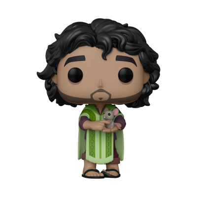 Figura Funko Pop de homem com manto verde segurando um ratinho.