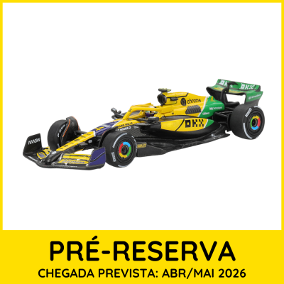 Modelo de carro de Fórmula 1 amarelo, verde e preto com logos e texto de pré-reserva