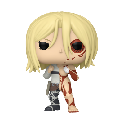 Boneco Funko Pop com cabelo loiro e design musculoso vermelho-bege num fundo branco