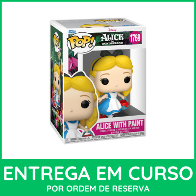 Figura Funko Pop Alice with Paint em caixa, fundo verde com texto entrega