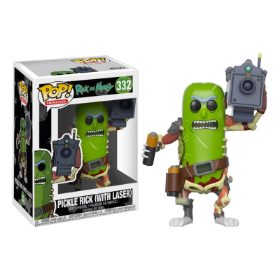 Figura Funko Pop Pickle Rick com arma laser na embalagem