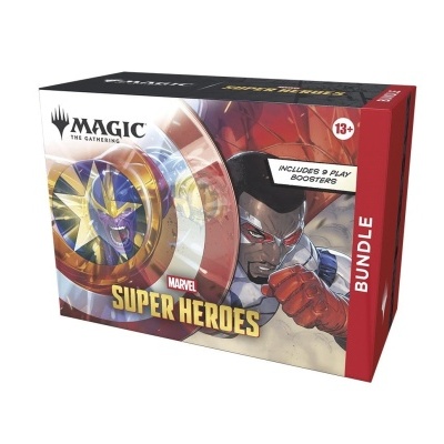 Caixa Magic The Gathering Marvel Super Heroes Bundle com imagem de super-heróis e texto informativo.