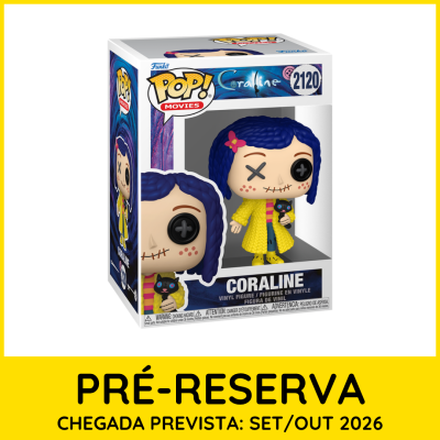Figura Funko Pop Coraline em caixa original branca com azul e amarelo.