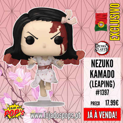 Funko Pop Nezuko Kamado em pose de salto com vestido branco e manchas vermelhas
