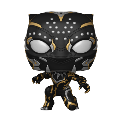 Figura Funko Pop Pantera Negra com detalhes dourados e pontos brancos