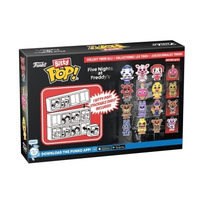 Embalagem Funko Bitty Pop! Five Nights at Freddy's com várias mini-figuras coloridas e texto promocional