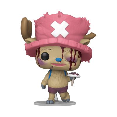 Figura colecionável Funko Pop personagem chapéu rosa com cruz branca segurando cogumelo.