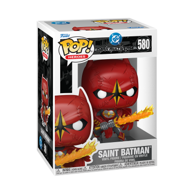 Funko Pop! Saint Batman de vinil na caixa original com janela transparente, máscara vermelha e espada flamejante.