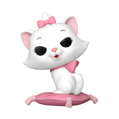 Figura de gato branco com laços cor-de-rosa sentado numa almofada cor-de-rosa