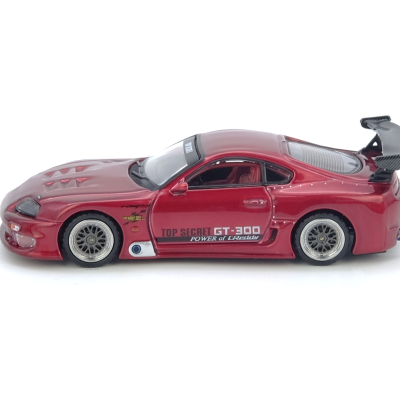 Miniatura de carro desportivo vermelho metálico com texto na porta