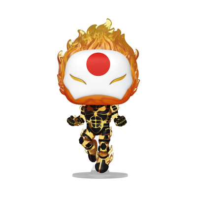 Figura Funko Pop de personagem com máscara branca, cabelo flamejante e roupa preta e dourada