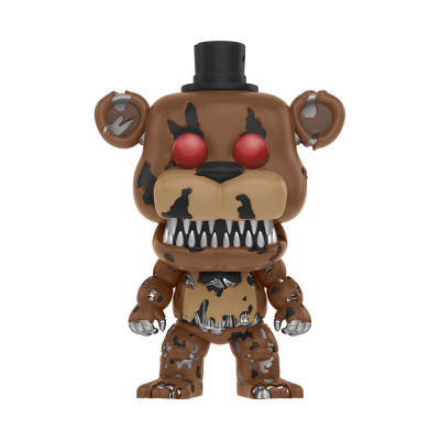 Figura Funko Pop de urso animatrônico castanho com olhos vermelhos e chapéu preto.