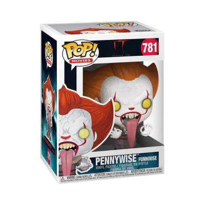 Funko Pop Pennywise de IT na caixa com fundo branco e detalhes laranja e preto