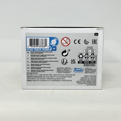 Parte traseira de caixa branca com informações e logotipo Funko