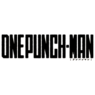 Logótipo preto com texto ONE PUNCH-MAN e escrita japonesa sobre fundo branco