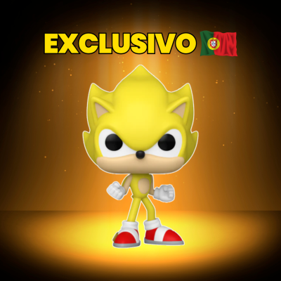 Figura Funko Pop amarela do Sonic com texto EXCLUSIVO e bandeira de Portugal