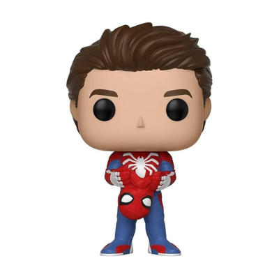 Figura Funko Pop de personagem com fato de super-herói azul e vermelho e máscara de aranha