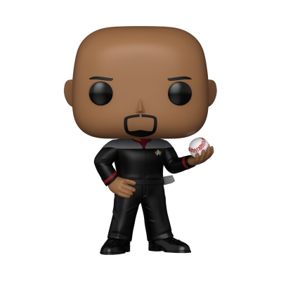 Figura Funko Pop de personagem careca com roupa preta e a segurar uma bola de basebol