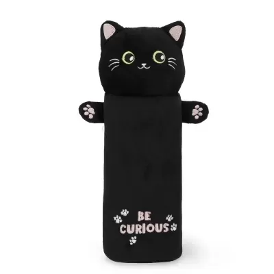 Estojo escolar preto em forma de gato com texto BE CURIOUS