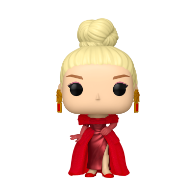 Figura Funko Pop feminina loira de vestido e capa vermelhos.