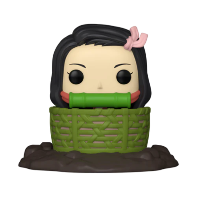 Figura Pop Funko com cabelo preto e laço rosa sentada numa cesta verde