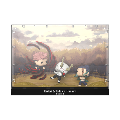 Expositor de figuras Funko Pop com três personagens de anime num cenário de floresta