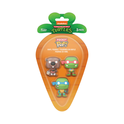 Pack de 3 figuras Funko Pop das Teenage Mutant Ninja Turtles em embalagem laranja em forma de cenoura